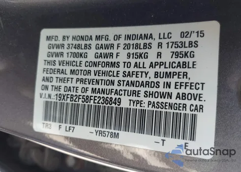 2015 Honda Civic Lx из США, поврежденный, VIN 19XFB2F58FE236849